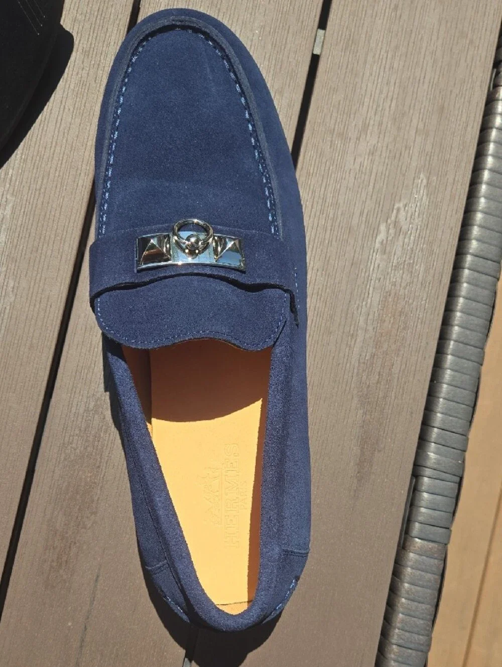 Hermes Navy Suede Loafers with Silver Hardware